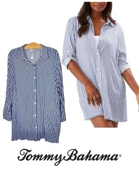 Tommy Bahama Chambray Stripe Boyfriend Shirt Coverup Blue & White Coastal M